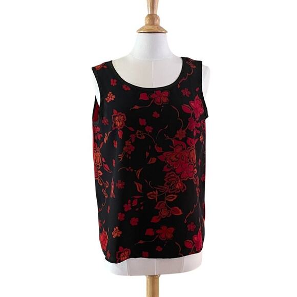 Vintage Koos of Course! Red & Black Floral Silk Tank Top/ Sleeveless Blouse, L - Picture 1 of 11